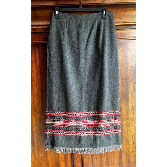 Vintage Midi Skirt 6P Wool Aztec Embroidered Fringe Tweed Boho Quality - Picture 1 of 8